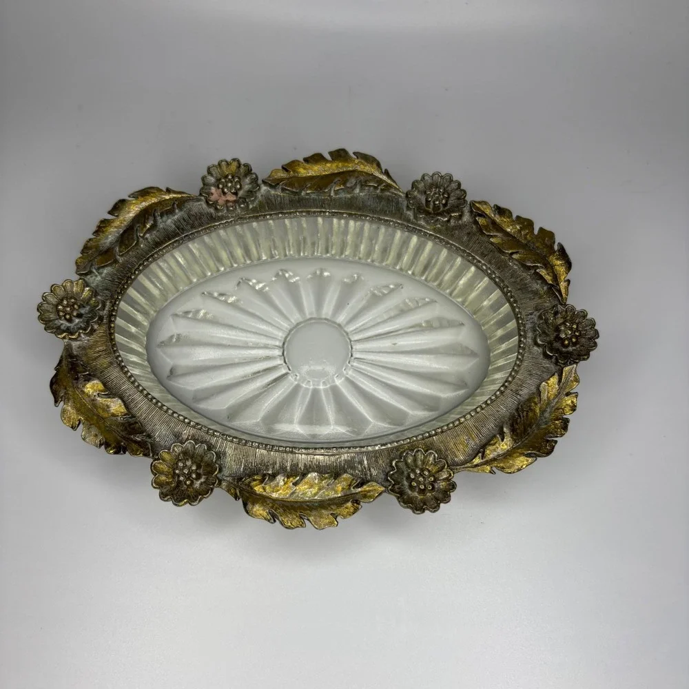 Vintage Matson Hollywood Regency Style Metal and Cut Glass Floral Soap Dish